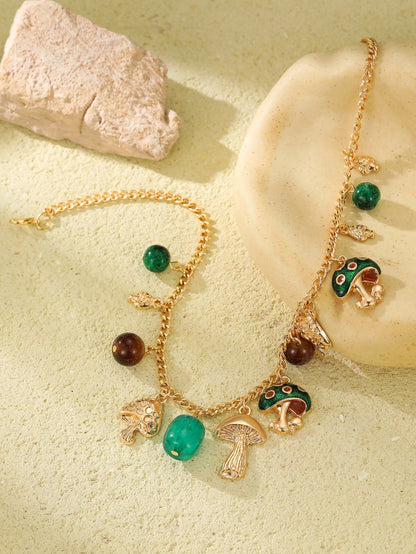 1pc Women's Bohemian Style Alloy Small Mushroom Pendant Chain Necklace