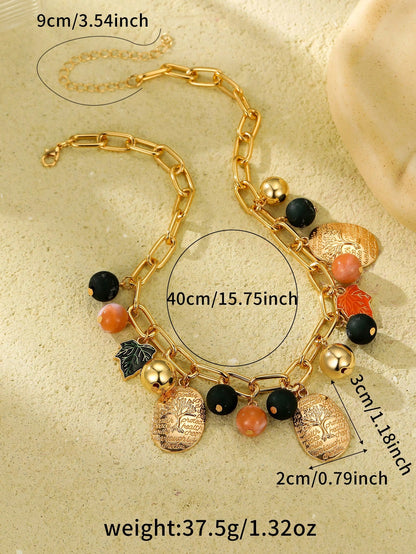 1pc Women's Bohemian Style Round Alloy Oval Pendant Necklace With Tree Pattern