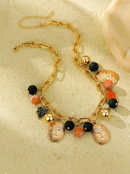 1pc Women's Bohemian Style Round Alloy Oval Pendant Necklace With Tree Pattern