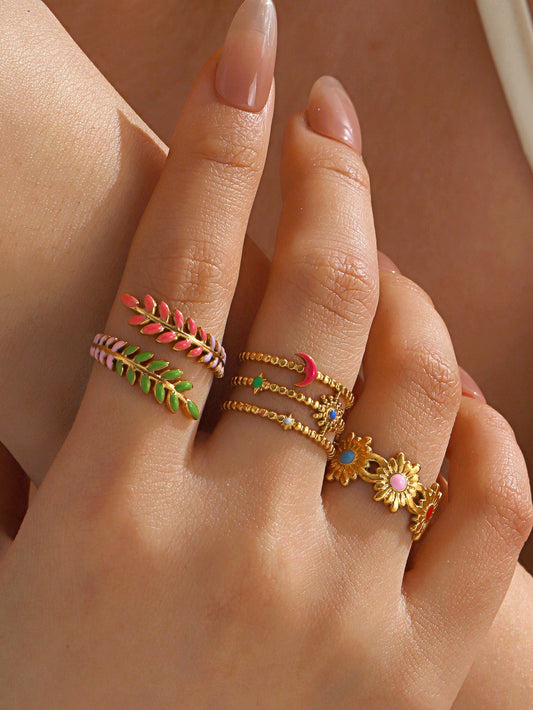 3pcs/Set Stainless Steel Minimalist Colorful Drip Oil Flower, Leaf, Star, Moon Openable Ring Set For Women, Suitable For Daily & Festival Wear