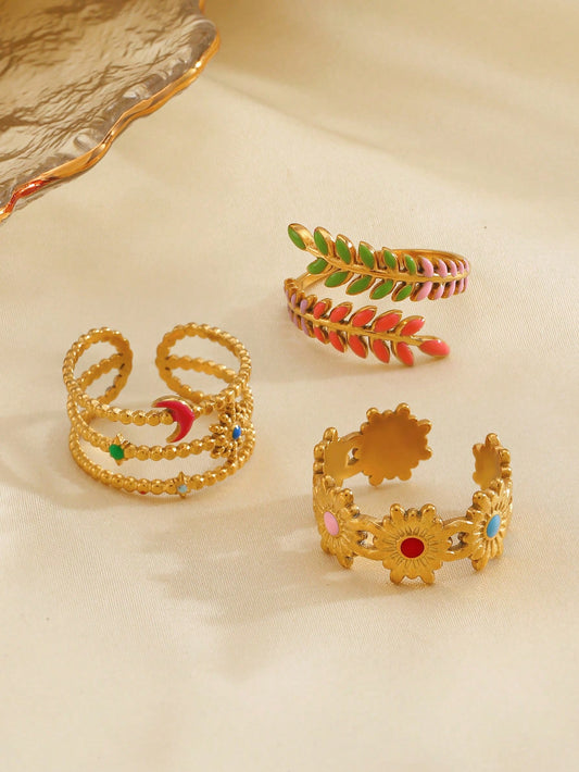 3pcs/Set Stainless Steel Minimalist Colorful Drip Oil Flower, Leaf, Star, Moon Openable Ring Set For Women, Suitable For Daily & Festival Wear