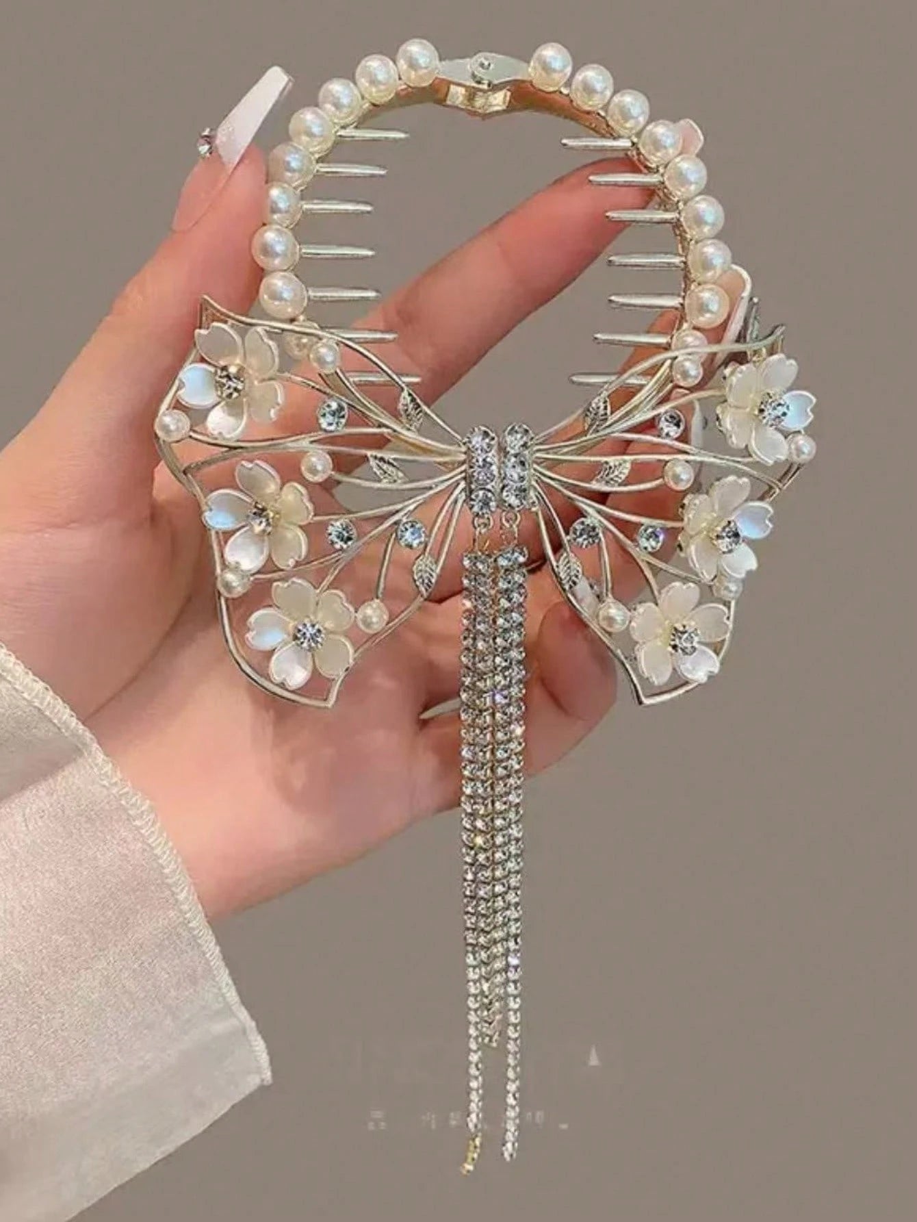 1pc Floral Faux Pearl Rhinestone Bow Tassel Elegant Hair Claw Clip Barrette