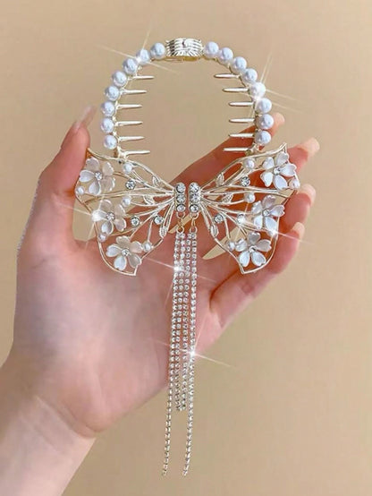 1pc Floral Faux Pearl Rhinestone Bow Tassel Elegant Hair Claw Clip Barrette