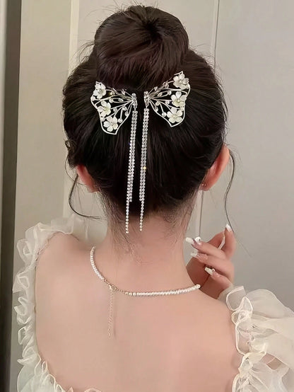 1pc Floral Faux Pearl Rhinestone Bow Tassel Elegant Hair Claw Clip Barrette