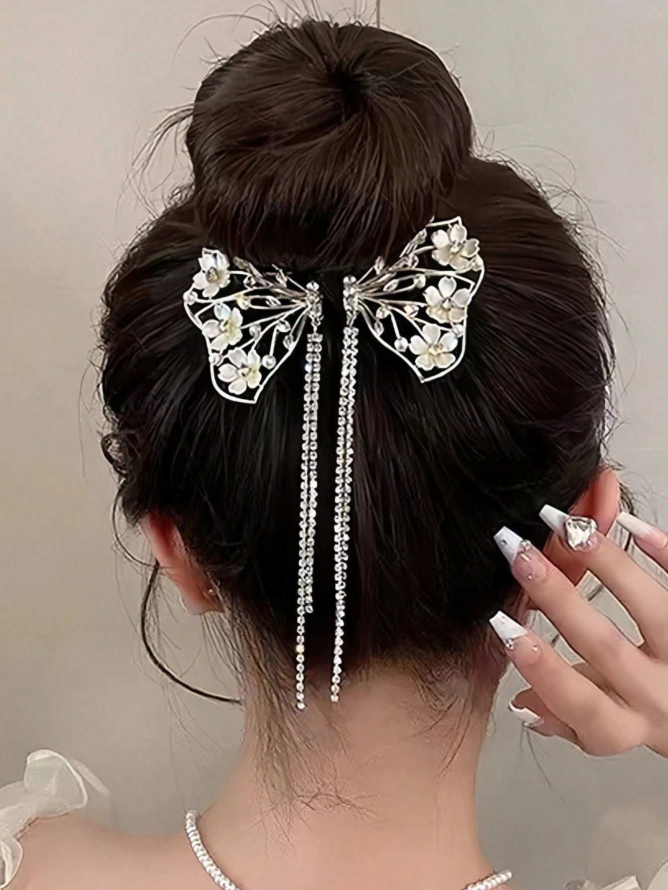 1pc Floral Faux Pearl Rhinestone Bow Tassel Elegant Hair Claw Clip Barrette
