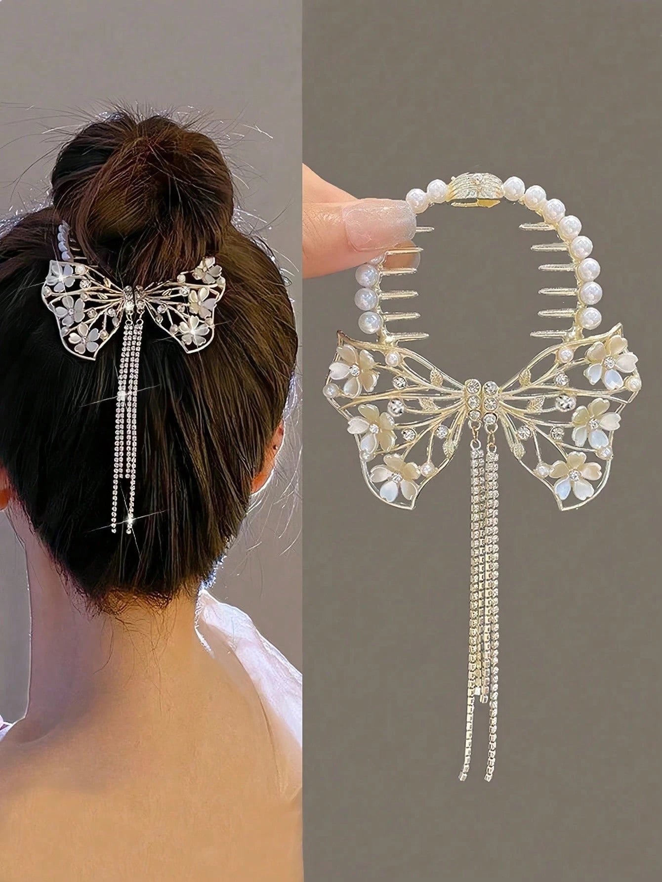 1pc Floral Faux Pearl Rhinestone Bow Tassel Elegant Hair Claw Clip Barrette