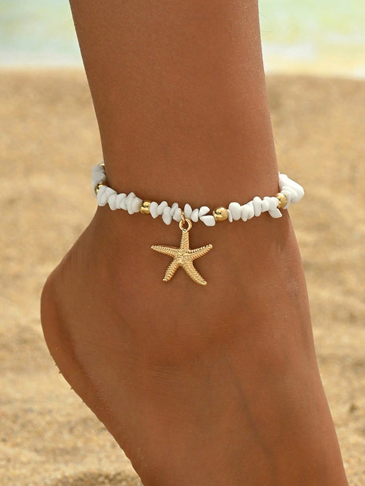 1pc Beach Resort Style White Turquoise Anklet, Fashion Jewelry Suitable For Women's Daily And Vacation Wear. The Shape And Size Of The Natural Stone Fragments Are Random And Not Fixed, The Actual Received Item Shall Prevail.