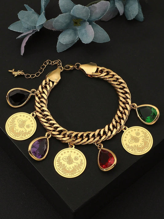 1pc Colorful Teardrop Zirconia & Arabic Gold Coin Totem Women Bracelet