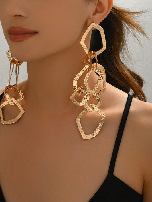 1 Pair European & American Exaggerated Metal Women's Fashion Earrings, Creative Asymmetrical Geometric Shape, Polygon Splice, Tassel Long Design Studs, Suitable For Daily Wear, Parties, Festivals, Versatile Ear Accessories