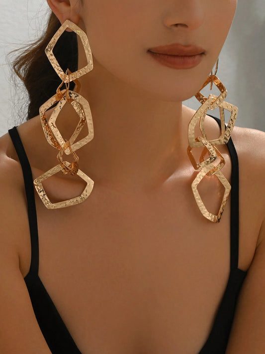 1 Pair European & American Exaggerated Metal Women's Fashion Earrings, Creative Asymmetrical Geometric Shape, Polygon Splice, Tassel Long Design Studs, Suitable For Daily Wear, Parties, Festivals, Versatile Ear Accessories