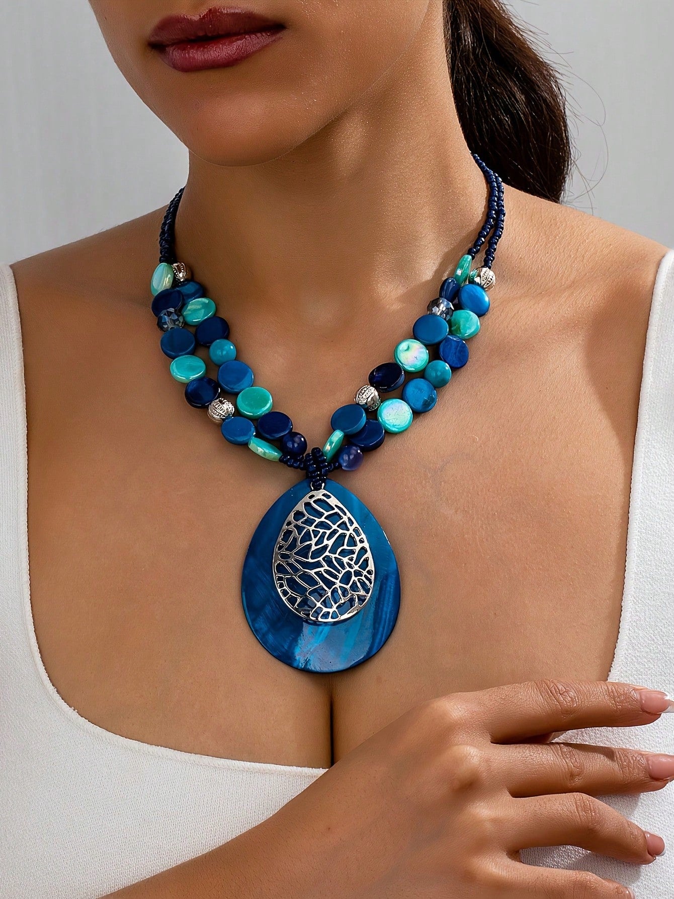 Bohemian Teardrop Shell Pendant Necklace Geometric Bead Colorblock