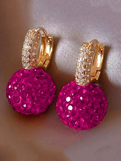 1 Pair Elegant Rhinestone Embellished Red Ball Design Pendant Earrings For Women