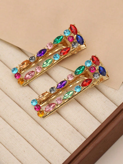 2pcs Elegant Rhinestone Waterdrop & Square Shaped Alligator Hair Clip Hairpins For Girls Claw Clips Hair Claws Hair Barrettes, School Stuff, Looks Of Party, Hair Accessories, Head Accesssories