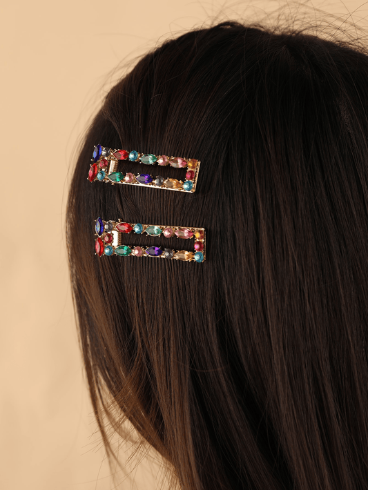 2pcs Elegant Rhinestone Waterdrop & Square Shaped Alligator Hair Clip Hairpins For Girls Claw Clips Hair Claws Hair Barrettes, School Stuff, Looks Of Party, Hair Accessories, Head Accesssories