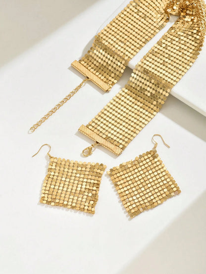 3pcs/Set Metallic Sequined Punk Style Sexy Outfit, Suitable For Party And Street Wear