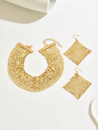 3pcs/Set Metallic Sequined Punk Style Sexy Outfit, Suitable For Party And Street Wear