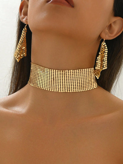 3pcs/Set Metallic Sequined Punk Style Sexy Outfit, Suitable For Party And Street Wear