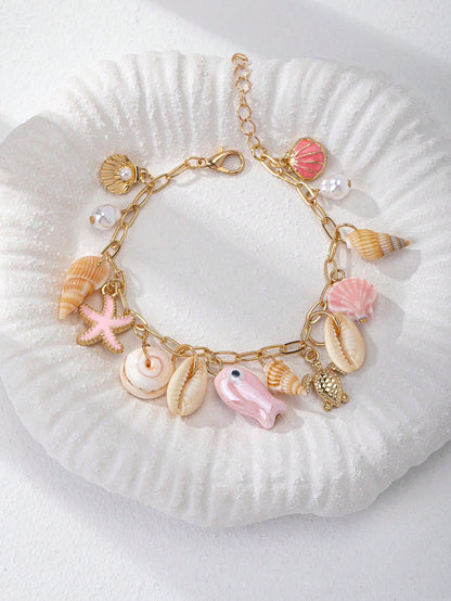 1pc Summer Ocean Life Theme Bracelet, Beach Style Starfish & Shell Pendant Bracelet, Bohemian Vacation Jewelry For Women