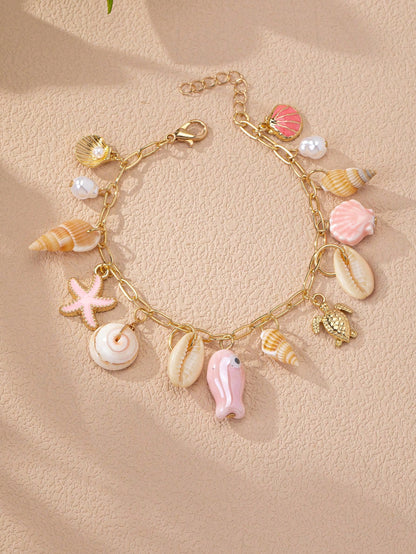 1pc Summer Ocean Life Theme Bracelet, Beach Style Starfish & Shell Pendant Bracelet, Bohemian Vacation Jewelry For Women