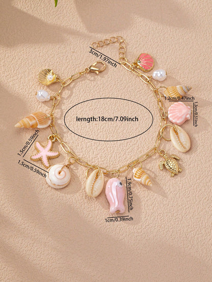 1pc Summer Ocean Life Theme Bracelet, Beach Style Starfish & Shell Pendant Bracelet, Bohemian Vacation Jewelry For Women