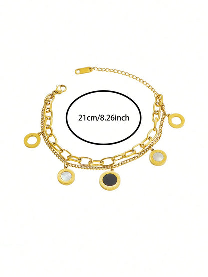 1pc Stainless Steel Double Layer Roman Shell Bracelet, Fashionable & Versatile, Won't Fade, Suitable For Daily Wear