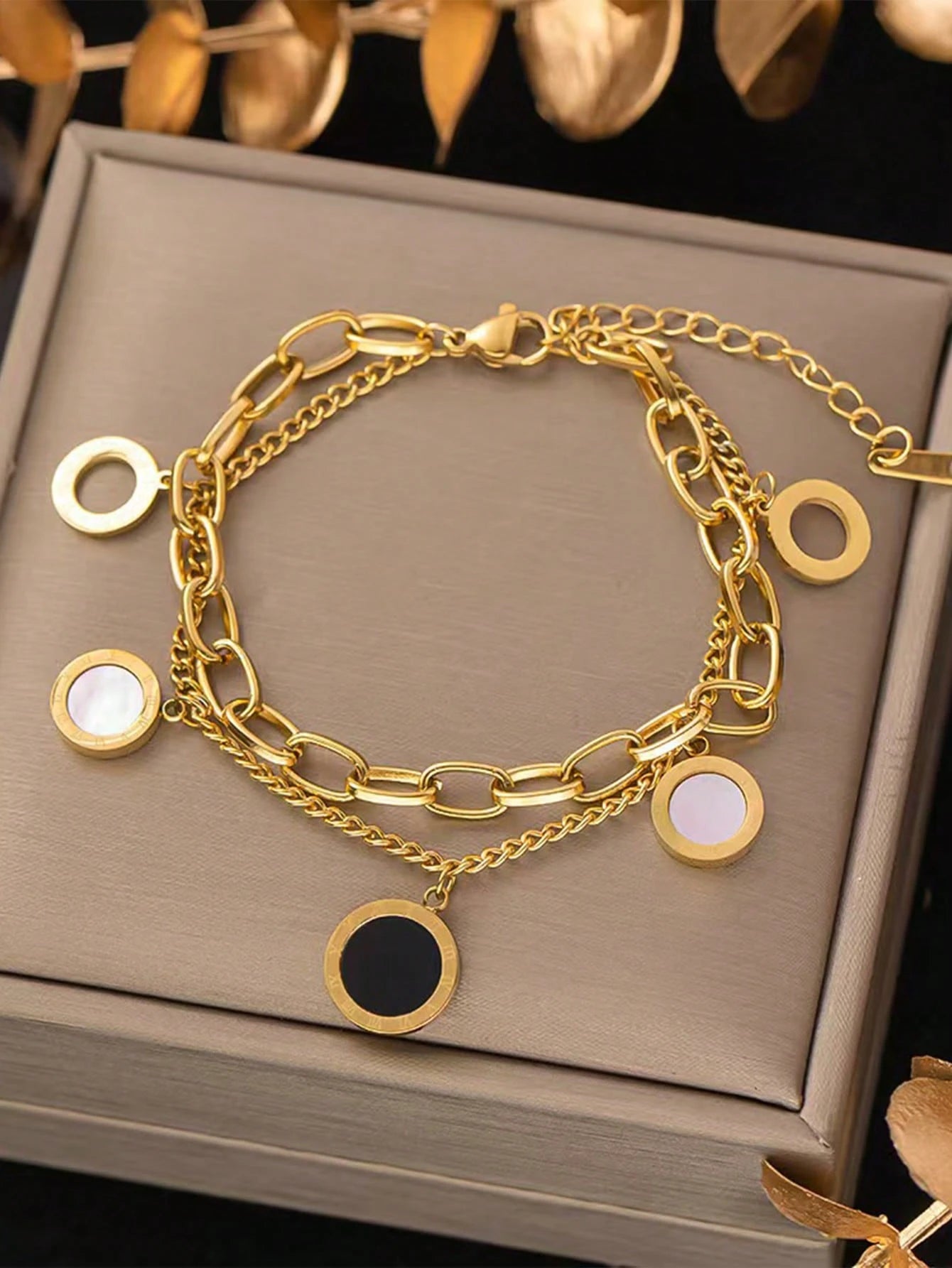 1pc Stainless Steel Double Layer Roman Shell Bracelet, Fashionable & Versatile, Won't Fade, Suitable For Daily Wear