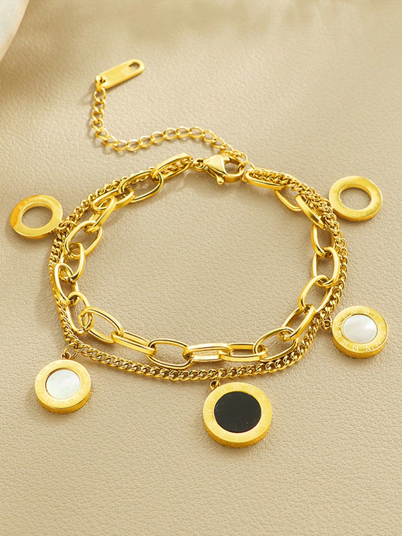 1pc Stainless Steel Double Layer Roman Shell Bracelet, Fashionable & Versatile, Won't Fade, Suitable For Daily Wear
