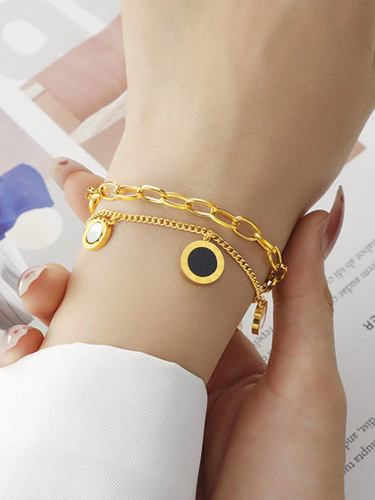 1pc Stainless Steel Double Layer Roman Shell Bracelet, Fashionable & Versatile, Won't Fade, Suitable For Daily Wear