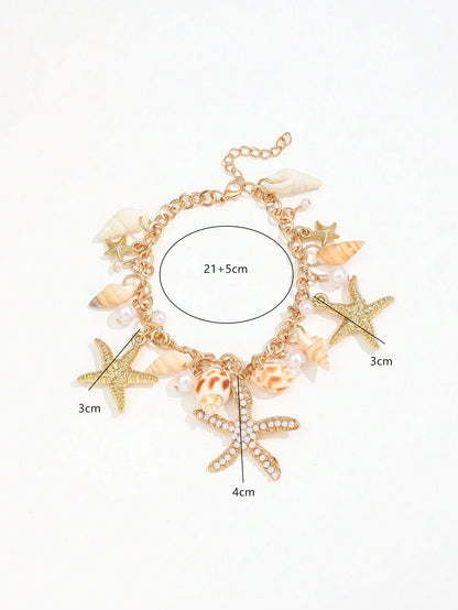 1pc Boho Starfish Shell Beaded Anklet, Women Faux Pearl Beach Resort Foot Chain
