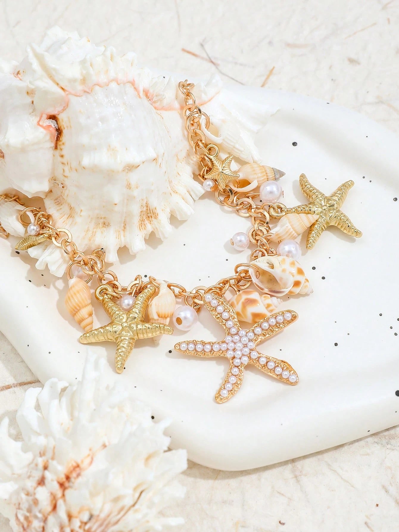 1pc Boho Starfish Shell Beaded Anklet, Women Faux Pearl Beach Resort Foot Chain