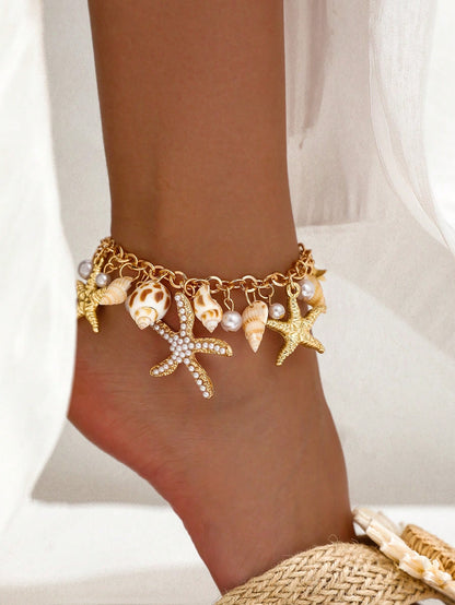 1pc Boho Starfish Shell Beaded Anklet, Women Faux Pearl Beach Resort Foot Chain
