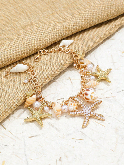 1pc Boho Starfish Shell Beaded Anklet, Women Faux Pearl Beach Resort Foot Chain