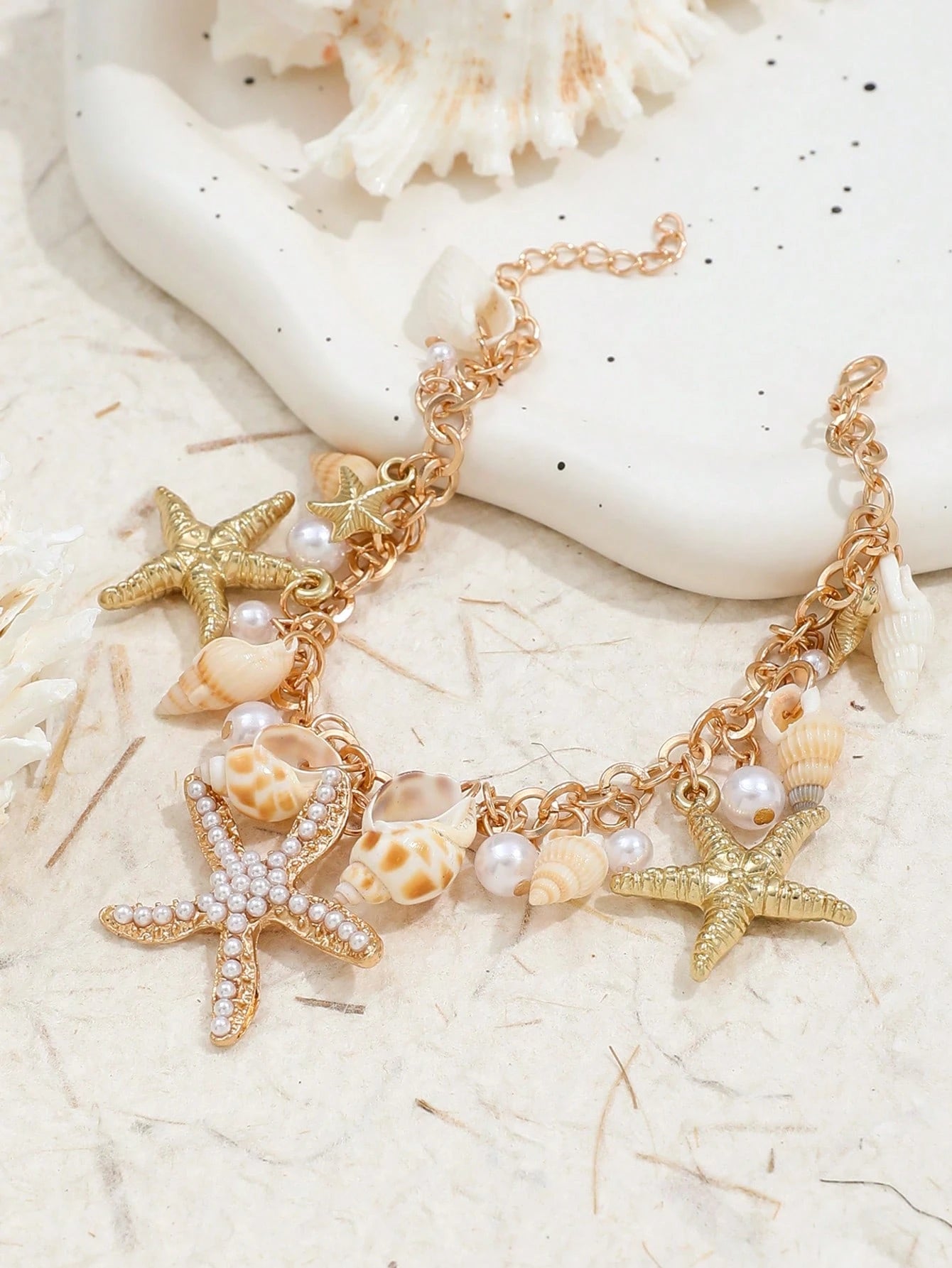 1pc Boho Starfish Shell Beaded Anklet, Women Faux Pearl Beach Resort Foot Chain