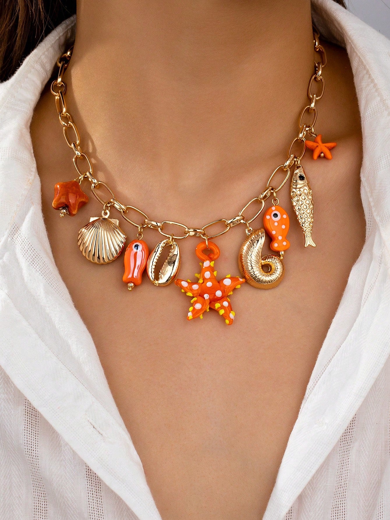1 pieza Collar con dije de estrella de mar color naranja de verano / Collares con múltiples elementos de vida marina de playa / Collares estilo vacaciones Joyería bohemia