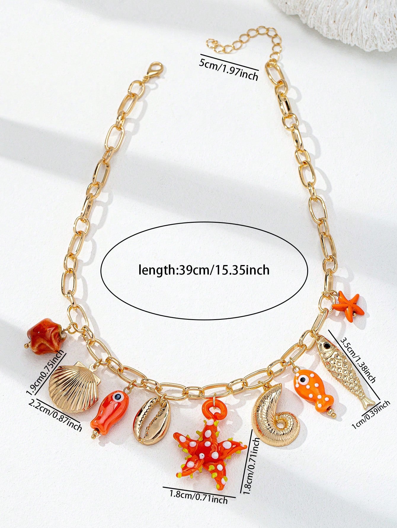1 pieza Collar con dije de estrella de mar color naranja de verano / Collares con múltiples elementos de vida marina de playa / Collares estilo vacaciones Joyería bohemia
