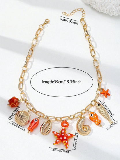 1 pieza Collar con dije de estrella de mar color naranja de verano / Collares con múltiples elementos de vida marina de playa / Collares estilo vacaciones Joyería bohemia