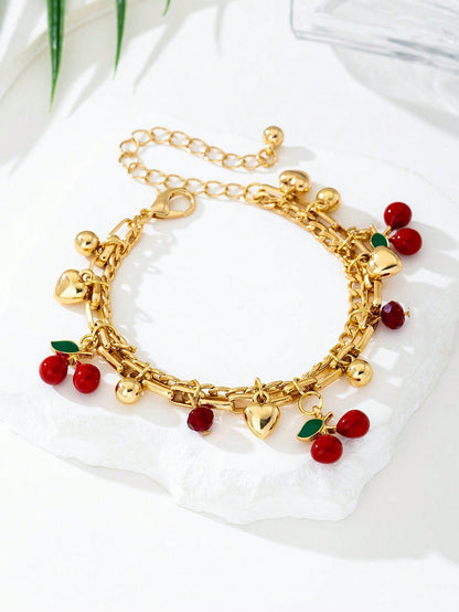 1pc Asymmetrical Shell Bracelet, Vibrant Red Cherry & Apple Shaped Charm, Versatile Daily Wear Bracelet/Anklet, Multiple Styles
