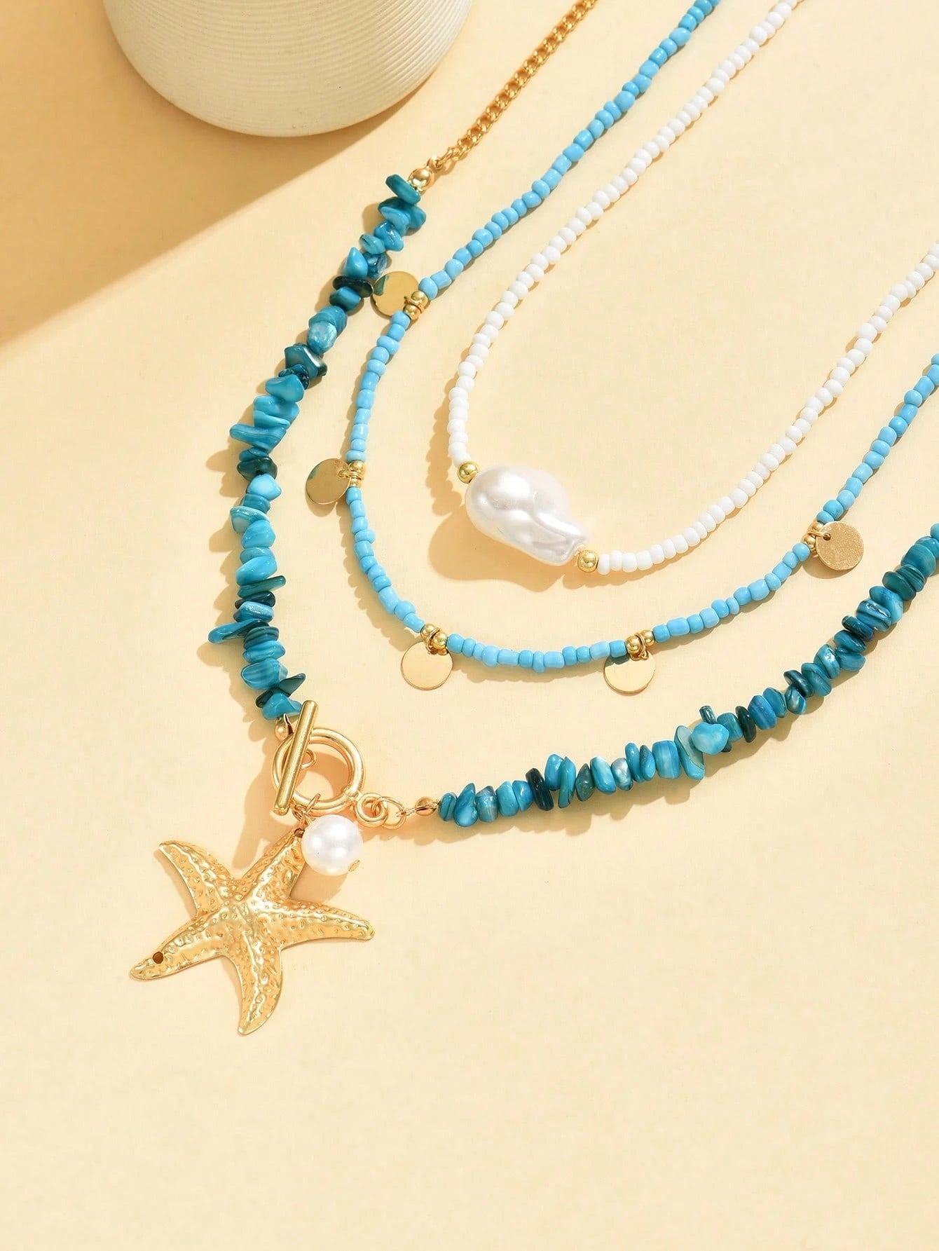 3pcs/Set Bohemian Beach Style Turquoise Starfish Pendant Necklace Multi-Layered Beaded Necklace Decorated With Imitation Pearls And Disc Tassel Design Women's Fashion Necklace Suitable For Beach Vacation Wear And Gift Giving