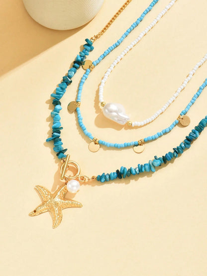 3pcs/Set Bohemian Beach Style Turquoise Starfish Pendant Necklace Multi-Layered Beaded Necklace Decorated With Imitation Pearls And Disc Tassel Design Women's Fashion Necklace Suitable For Beach Vacation Wear And Gift Giving
