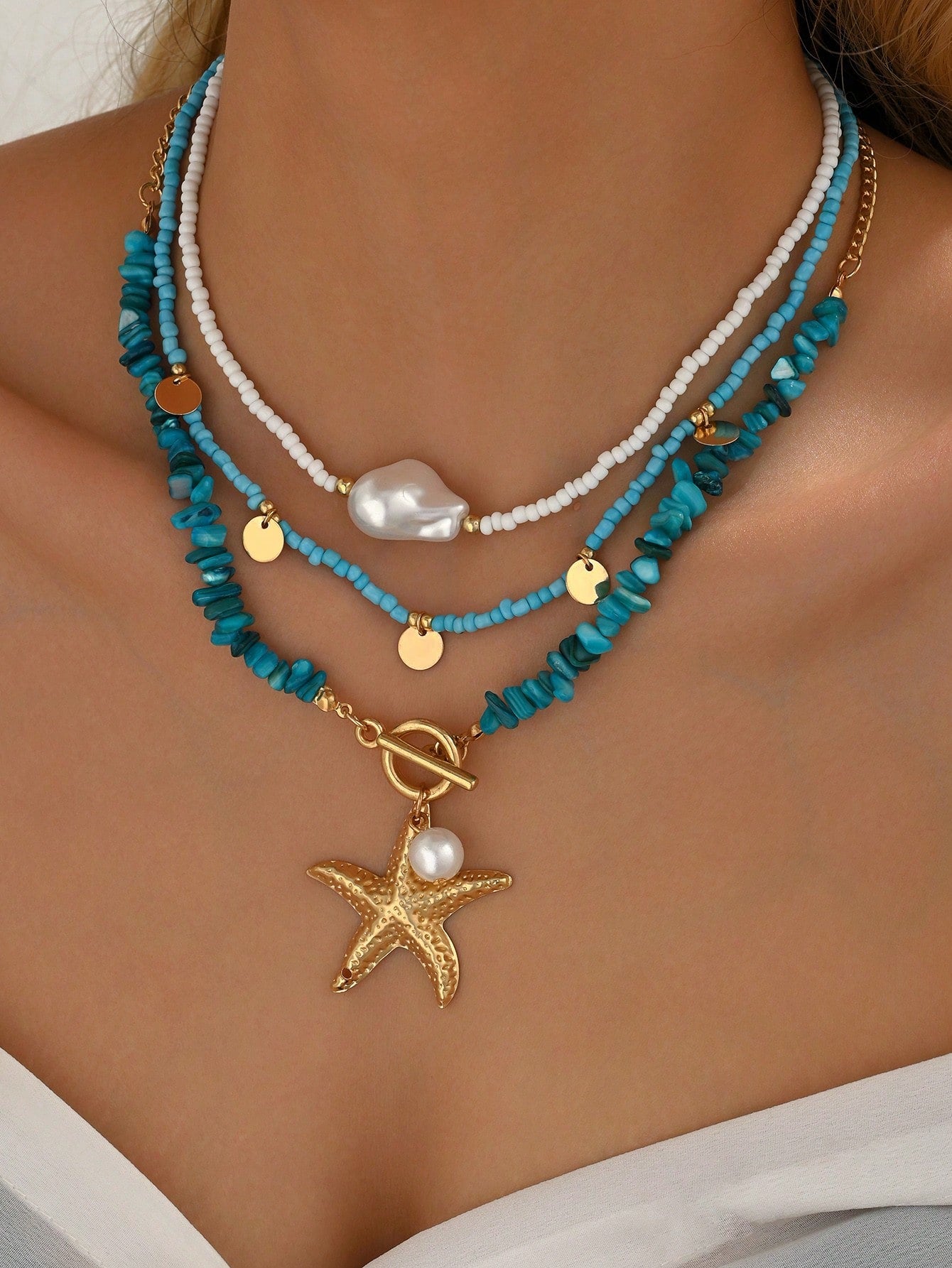 3pcs/Set Bohemian Beach Style Turquoise Starfish Pendant Necklace Multi-Layered Beaded Necklace Decorated With Imitation Pearls And Disc Tassel Design Women's Fashion Necklace Suitable For Beach Vacation Wear And Gift Giving