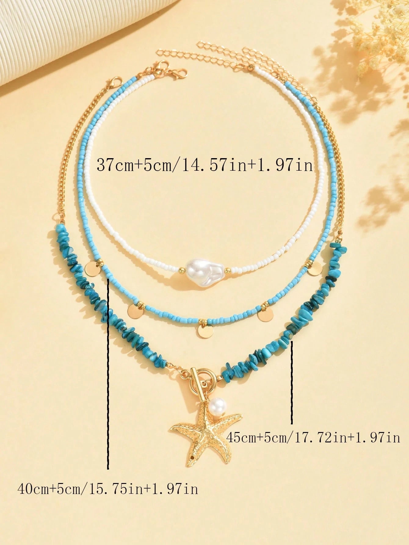 3pcs/Set Bohemian Beach Style Turquoise Starfish Pendant Necklace Multi-Layered Beaded Necklace Decorated With Imitation Pearls And Disc Tassel Design Women's Fashion Necklace Suitable For Beach Vacation Wear And Gift Giving