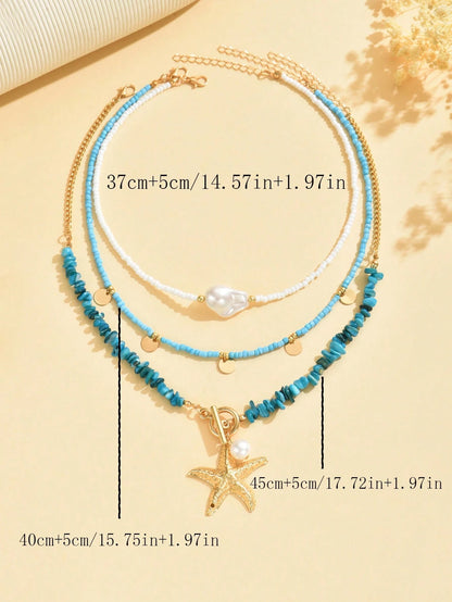 3pcs/Set Bohemian Beach Style Turquoise Starfish Pendant Necklace Multi-Layered Beaded Necklace Decorated With Imitation Pearls And Disc Tassel Design Women's Fashion Necklace Suitable For Beach Vacation Wear And Gift Giving