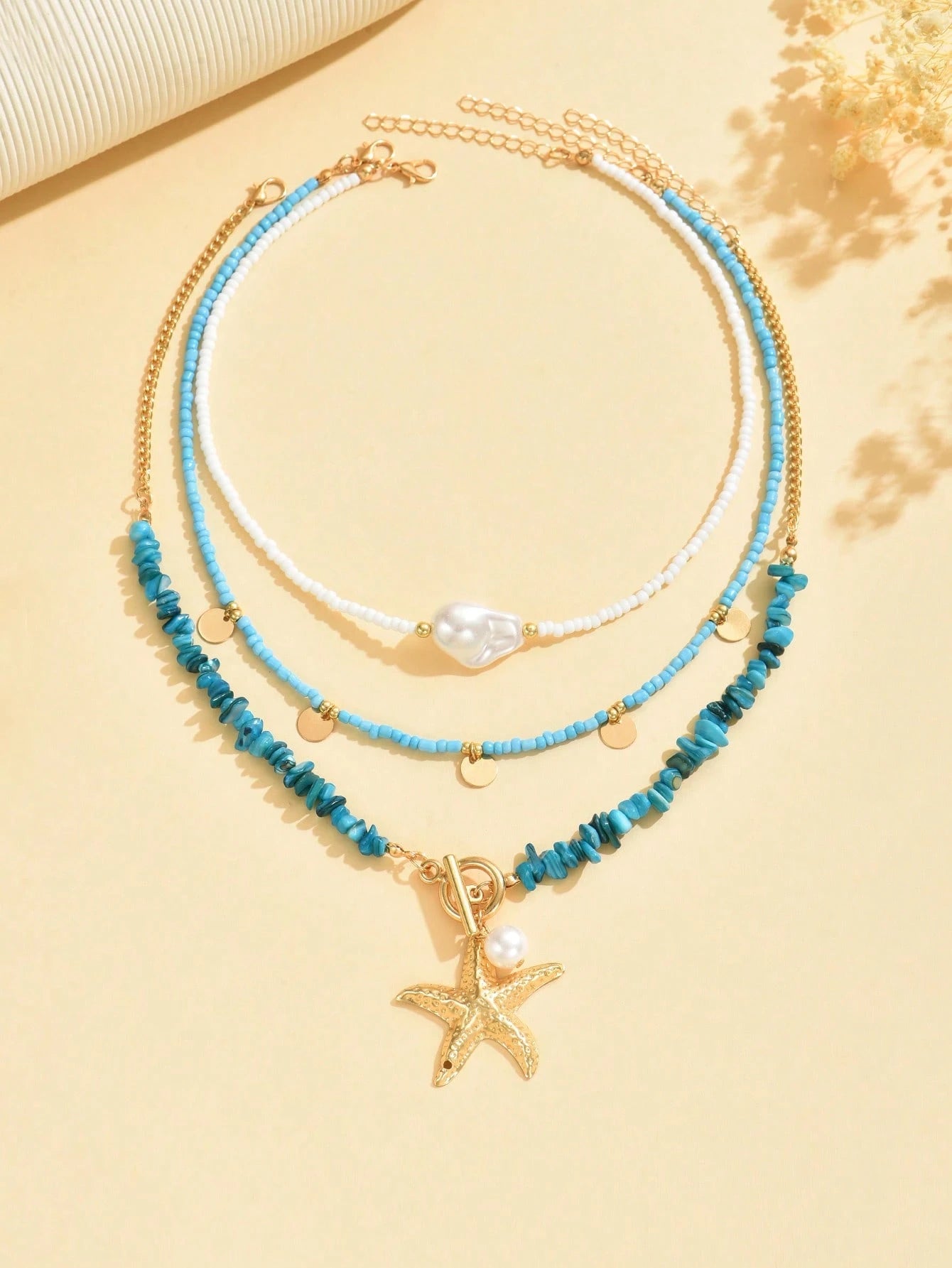 3pcs/Set Bohemian Beach Style Turquoise Starfish Pendant Necklace Multi-Layered Beaded Necklace Decorated With Imitation Pearls And Disc Tassel Design Women's Fashion Necklace Suitable For Beach Vacation Wear And Gift Giving