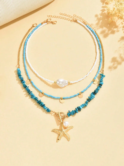 3pcs/Set Bohemian Beach Style Turquoise Starfish Pendant Necklace Multi-Layered Beaded Necklace Decorated With Imitation Pearls And Disc Tassel Design Women's Fashion Necklace Suitable For Beach Vacation Wear And Gift Giving
