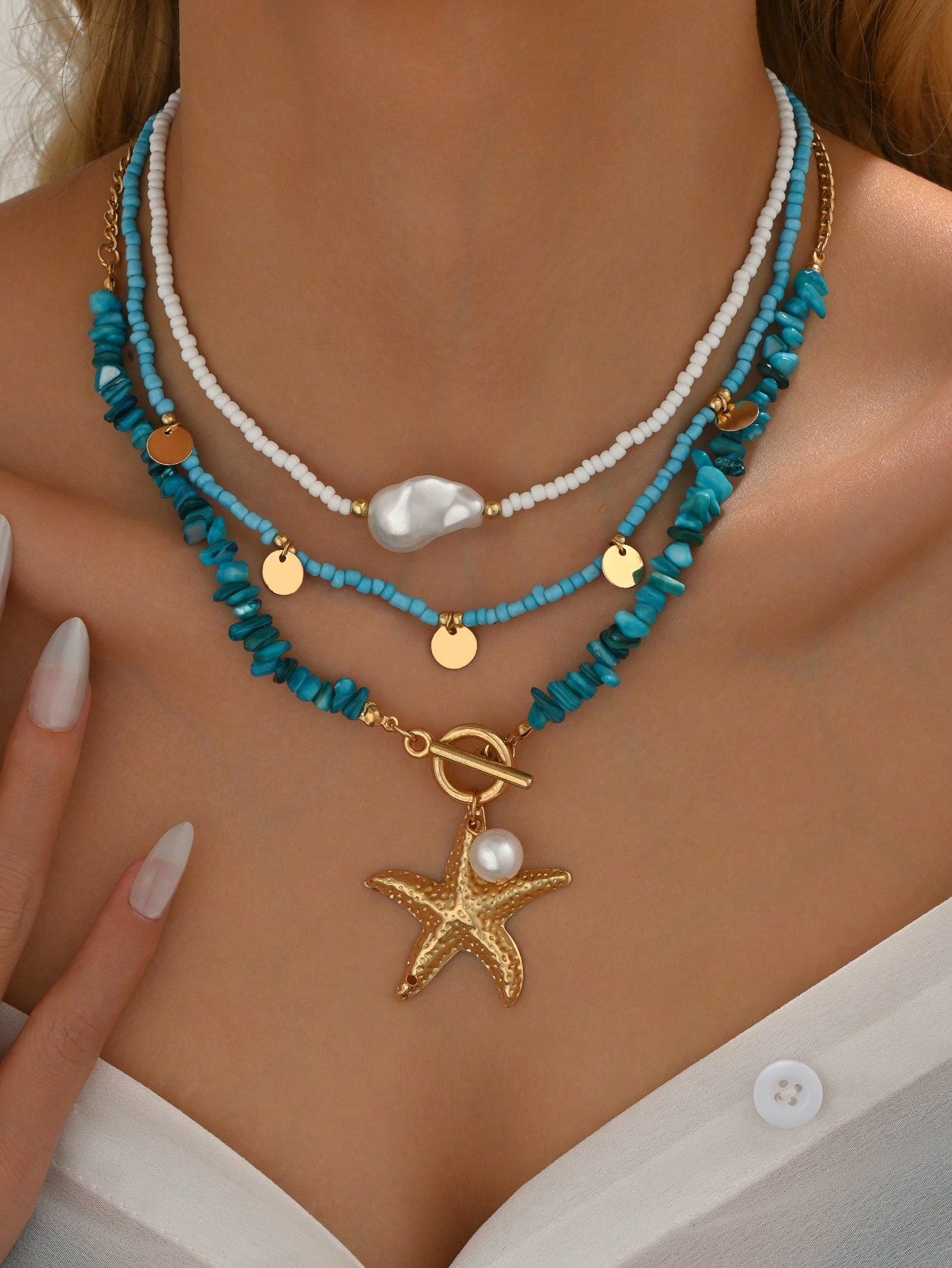 3pcs/Set Bohemian Beach Style Turquoise Starfish Pendant Necklace Multi-Layered Beaded Necklace Decorated With Imitation Pearls And Disc Tassel Design Women's Fashion Necklace Suitable For Beach Vacation Wear And Gift Giving