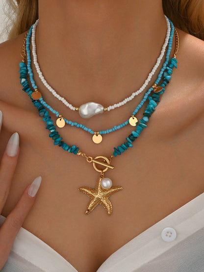 3pcs/Set Bohemian Beach Style Turquoise Starfish Pendant Necklace Multi-Layered Beaded Necklace Decorated With Imitation Pearls And Disc Tassel Design Women's Fashion Necklace Suitable For Beach Vacation Wear And Gift Giving