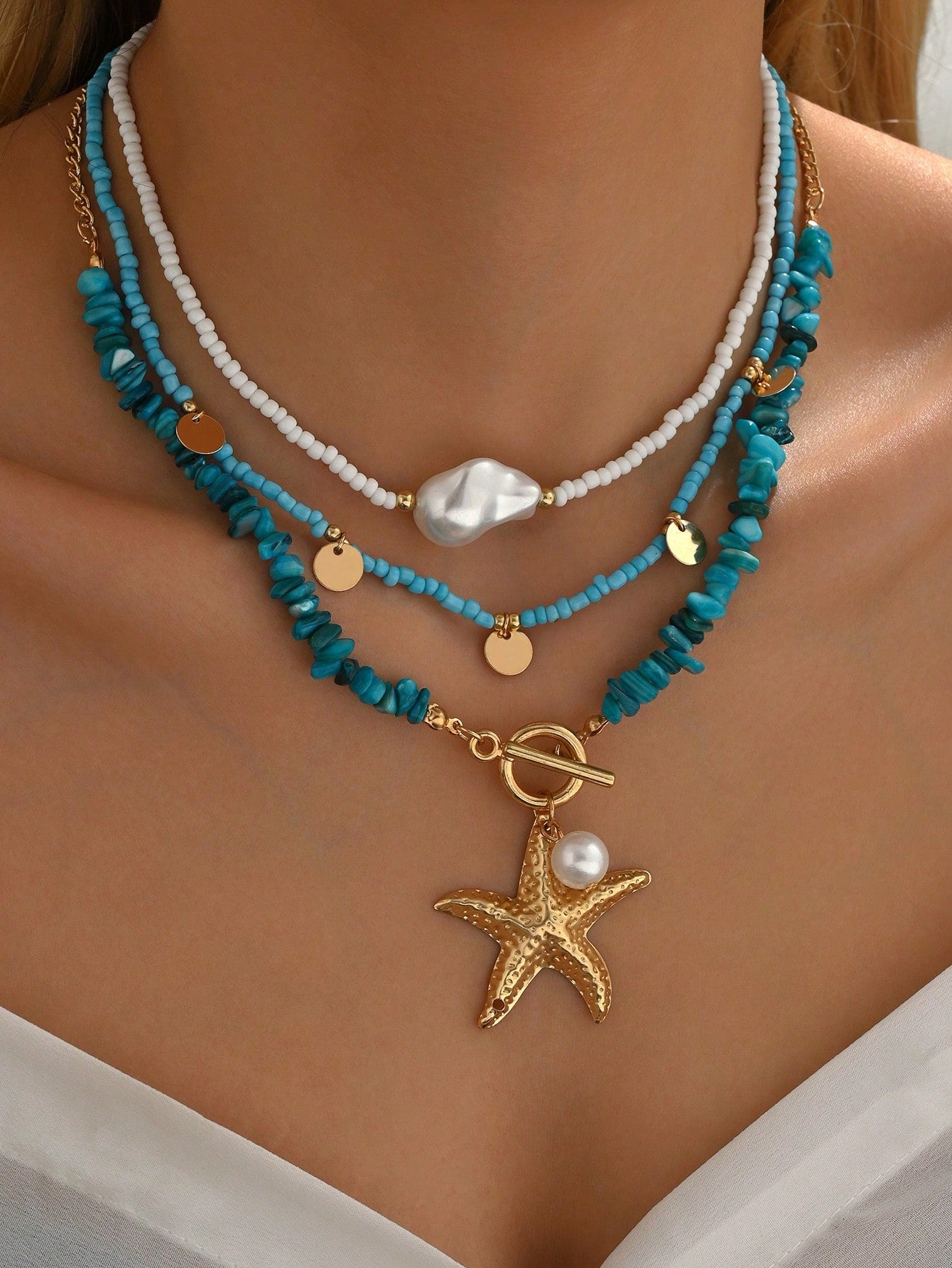 3pcs/Set Bohemian Beach Style Turquoise Starfish Pendant Necklace Multi-Layered Beaded Necklace Decorated With Imitation Pearls And Disc Tassel Design Women's Fashion Necklace Suitable For Beach Vacation Wear And Gift Giving