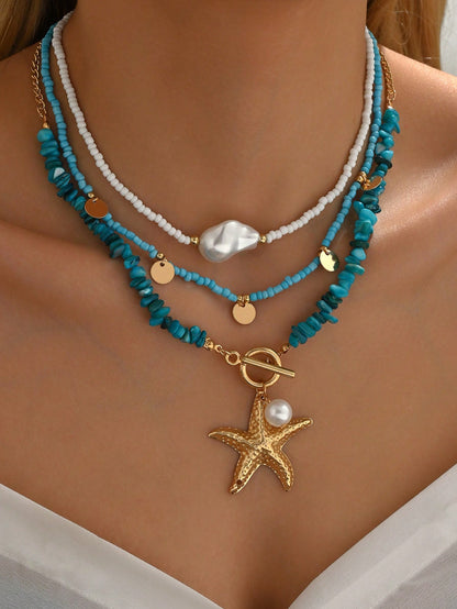 3pcs/Set Bohemian Beach Style Turquoise Starfish Pendant Necklace Multi-Layered Beaded Necklace Decorated With Imitation Pearls And Disc Tassel Design Women's Fashion Necklace Suitable For Beach Vacation Wear And Gift Giving