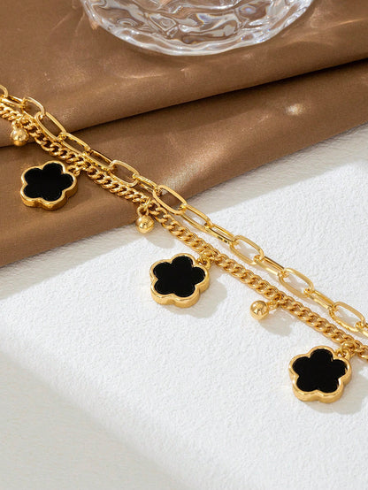 1pc Summer Vacation Elegant Black Metal Flower & Clover Pendant Multi-Layer Anklet, Suitable For Holidays, Parties, Dates, Gifts, Daily Wear (No Gift Box)