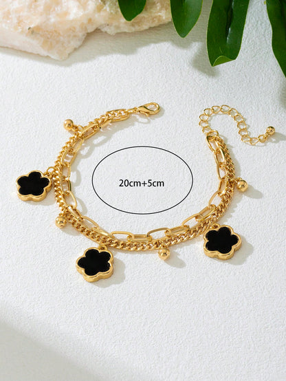 1pc Summer Vacation Elegant Black Metal Flower & Clover Pendant Multi-Layer Anklet, Suitable For Holidays, Parties, Dates, Gifts, Daily Wear (No Gift Box)